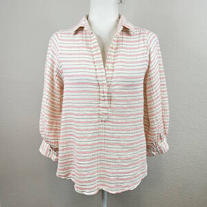 Ann Mashburn Knit Blouse Women's S Pink Stripe V-neck Relaxed Balloon Sleeves